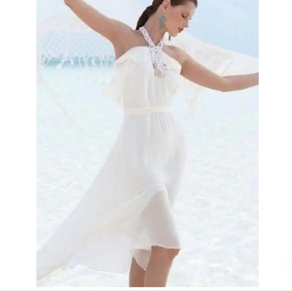 Anthropologie Leifsdotter White Gauze Macrame Seashell High-Low Dress Size 12